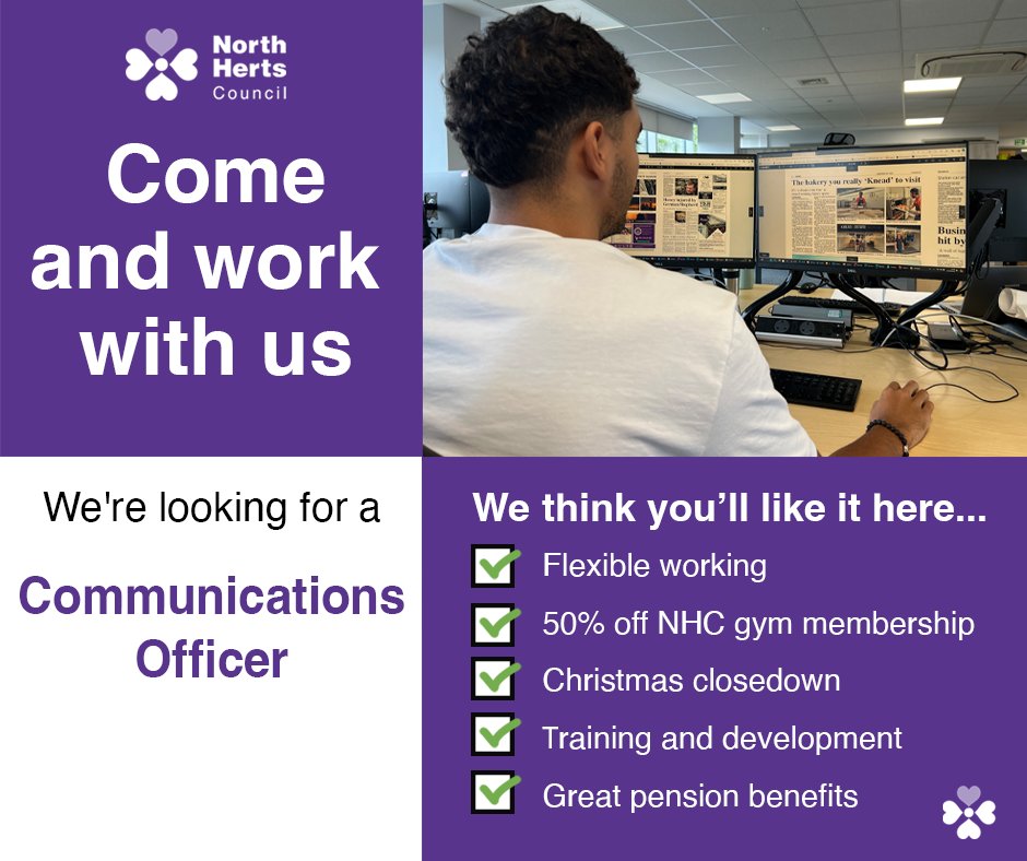 An exciting opportunity to be part of our Communications team has arisen.

Interested? Find out more and apply: north-herts.gov.uk/communications…
