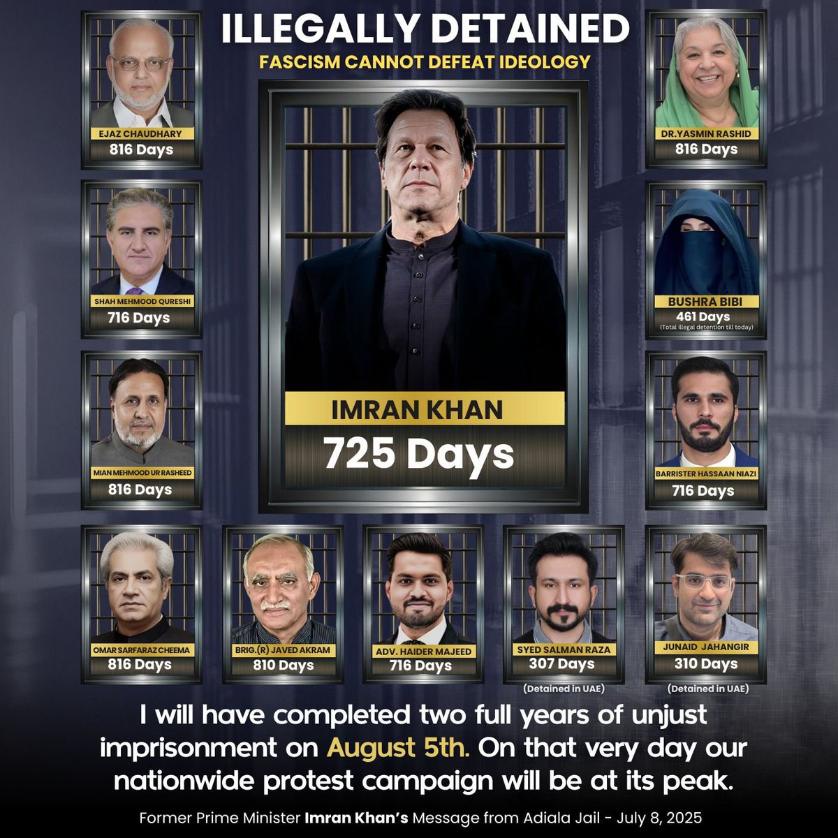 725 Days
816 Days
716 Days
461 Days
307 Days

Meray Pakistanio!
These numbers are charge sheet against us.
How did we allow mafias to keep these resilient heroes hostage?

This is the time.

#نکلو_اب_خاموشی_گناہ_ہے
#FreeImranKhan