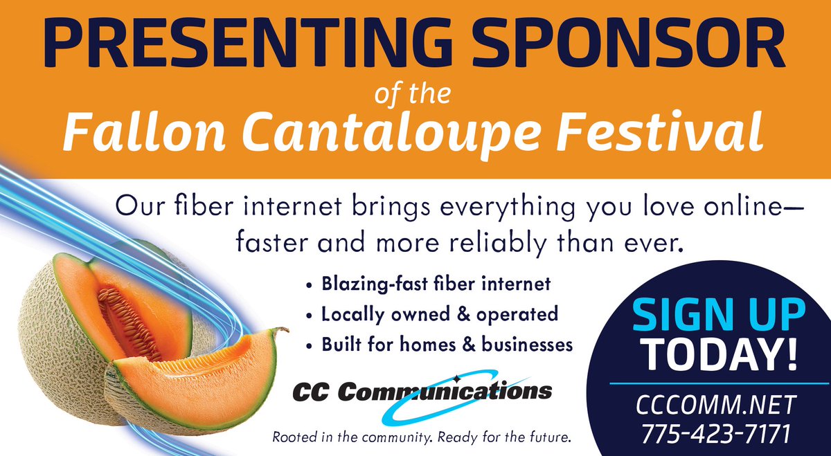 CCComm_Nevada's tweet image. 🎉 Proudly Presenting the @CantaloupeFest 🎉

Come celebrate with us at the festival—and discover how fiber from CC Communications is transforming how Fallon connects.

📍 Visit our booth to learn more, grab giveaways, and say hello!