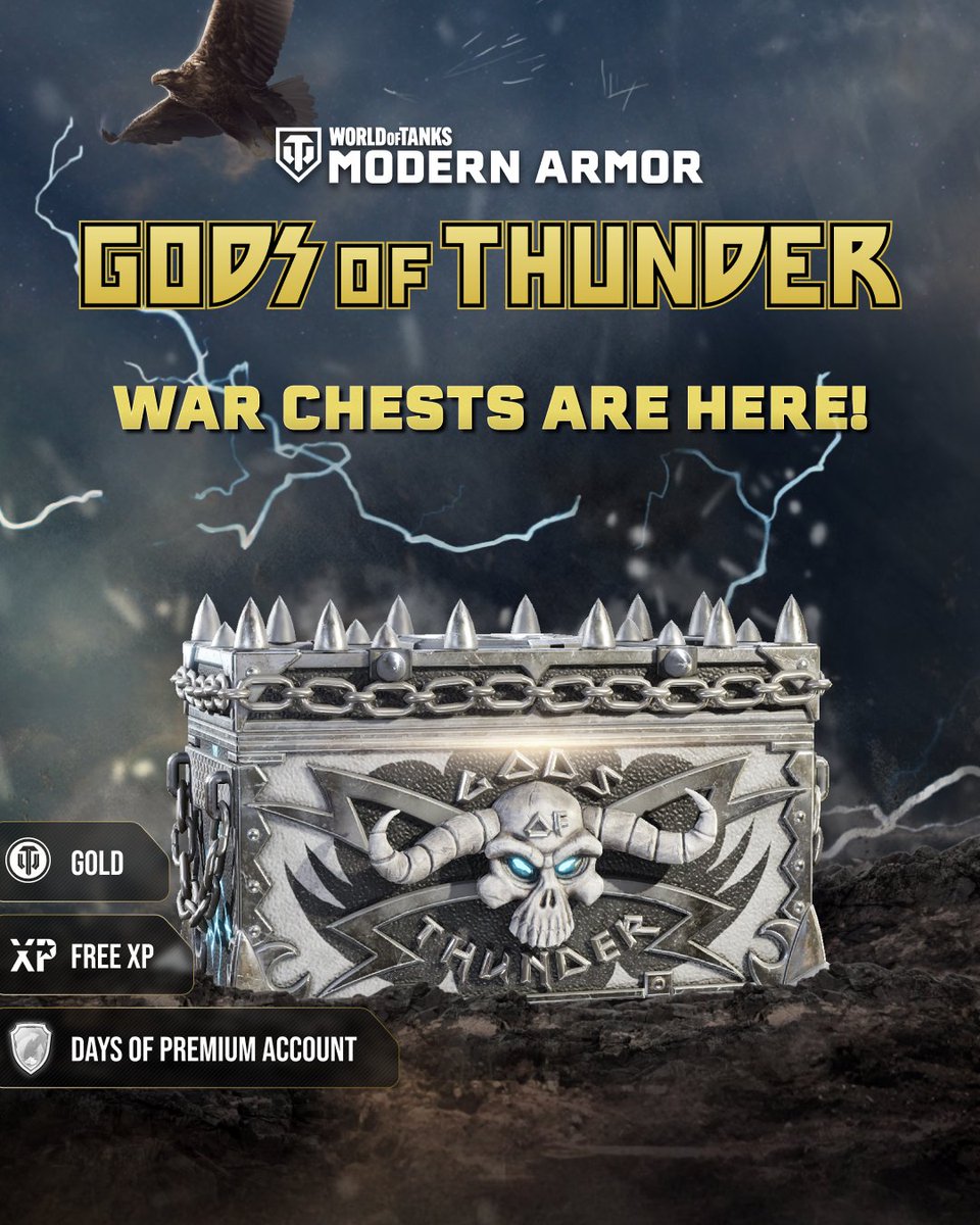 WoTModernArmor's tweet photo. ⚡ The Gods of Thunder War Chests have landed!
Crack them open for Gold, Boosters, and rare Premium tanks like the Dreadnought KV-2, Rhino, Alpine Tiger WZ-111 and much more! 🛡️🔥
What’s your best drop? 💬
#WoTMA #WoTConsole #WarChests #GodsOfThunder https://t.co/rMY2FCWOZ5