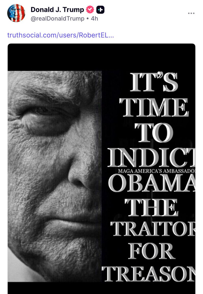 A social media post by the President of the United States in which he calls for former President Obama to be indicted for treason, an accusation for which there is no evidence and a crime that could potentially carry the death penalty if convicted.