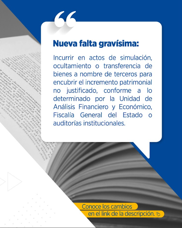 📖 | #ReformasCOFJ
De las nuevas faltas gravísimas a servidores judiciales, establecidas a través de la Ley de Integridad Pública, es incurrir en actos de simulación, ocultamiento o transferencia de bienes a nombre de terceros para encubrir el incremento patrimonial injustificado