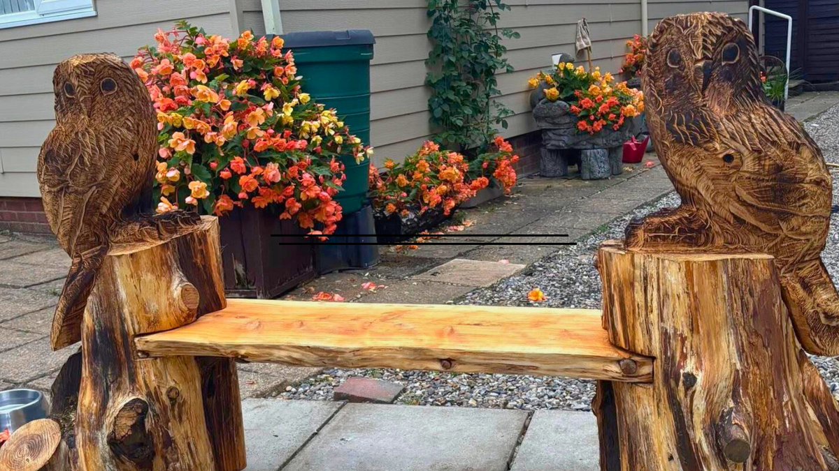 Introducing the latest addition at Two Mills Touring Park in Norfolk!🦉

This unique bench has been made by a local craftsman using a chainsaw!🪚

(We think the begonias look pretty impressive too!🪷)