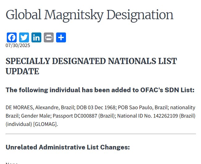 O ministro Alexandre de Moraes, está oficialmente sancionado com a Lei Magnitsky.

Seu nome já aparece como sancionado na lista da OFAC.

Seu nome pode ser consultado na lista pública no link abaixo 👇🏻 absanctionssearch.ofac.treas.gov