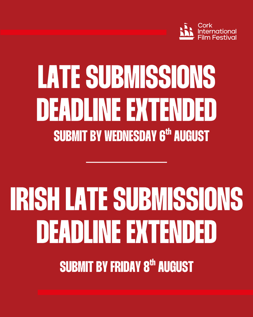 📢 LATE SUBMISSIONS: DEADLINE EXTENSIONS!⁠
⁠
⚡️We have extended our late submissions deadlines:⁠
⁠
🌍 Features, Feature Docs, International Shorts, International Doc Shorts: Wed 6 Aug
⁠
🇮🇪 Irish &amp; Cork Shorts: Fri 8 Aug
⁠
corkfilmfest.org/submissions/
