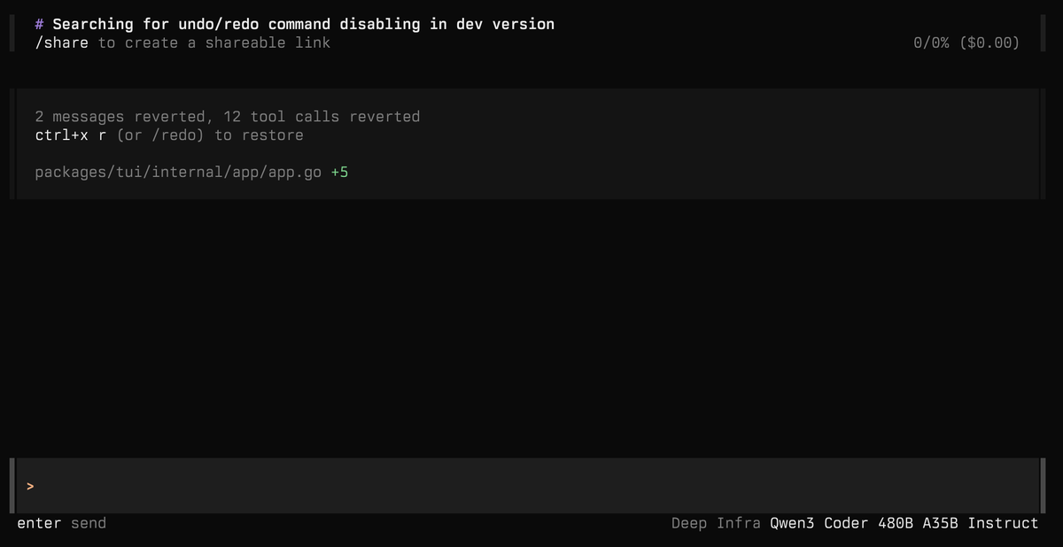 in opencode v0.3.85 we released undo/redo

this not only goes back in your message history it reverts any changes it made to your files - can even undo bash commands 

we plan to add a more granular time travel ui but this should be a good start