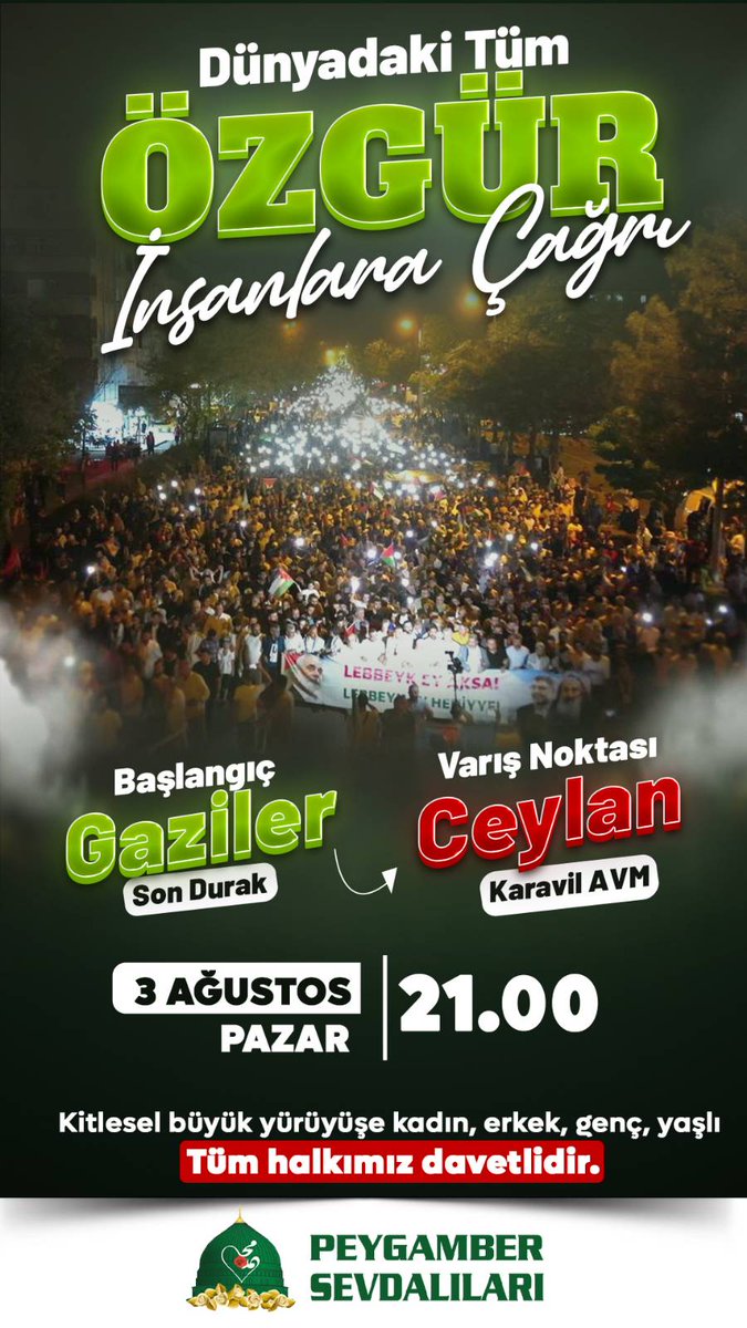 Özgür halklara ve Dünyadaki tüm Özgür insanlara Çağrı

Hamas'ın yaptığı küresel direniş çağrısına icabet ediyoruz. Peygamber Sevdalıları Vakfı olarak düzenleyeceğimiz kitlesel yürüyüş ve basın açıklaması programına Kadın erkek, Yaşlı genç tüm halkımız davetlidir.