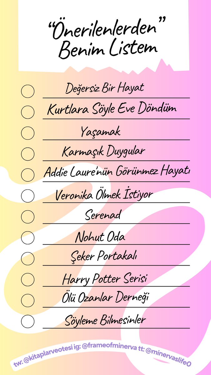 Son olarak kendim için öncelikli okuanacaklar listem. Faydalanmak isteyen olursa diye paylaşıyorum. Umarım herkes için faydalı bir liste olur.