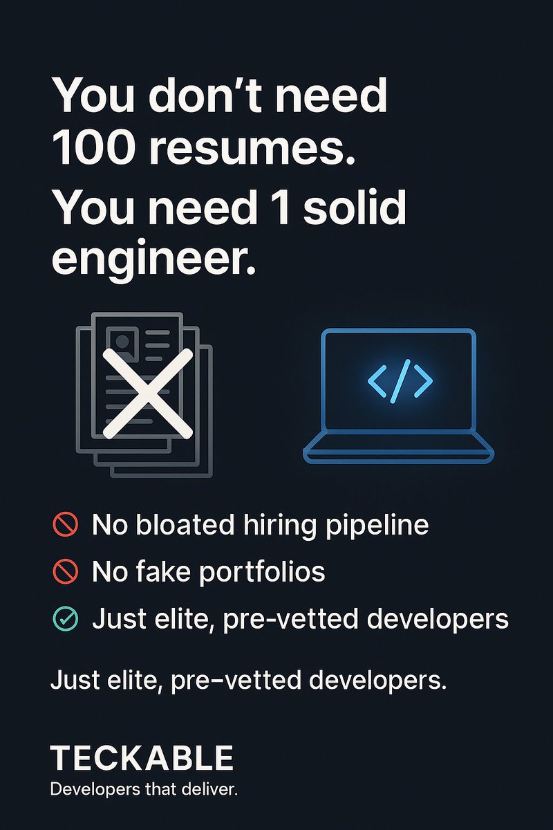 You don’t need 100 resumes.
You need 1 dev who can actually ship.

That’s what we deliver at Teckable, fast, vetted, and ready to go.

teckable.com