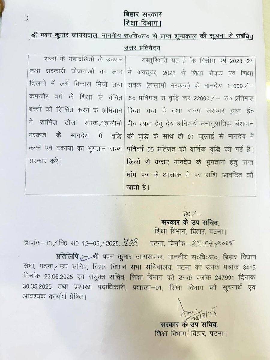 🌠टोला सेवक / तालिमी मरकज के मानदेय में 11000 से बढ़ाकर 22000 प्रतिमाह करने तथा 1 जुलाई से प्रति वर्ष 5 % मानदेय वृद्धि करने के संबंध में।