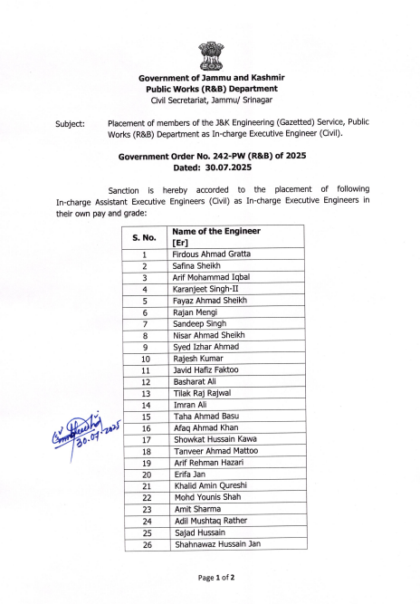 GulistanNewsTV's tweet image. 26 Assistant Executive Engineers Promoted as In-Charge Executive Engineers in J&amp;amp;K R&amp;amp;B Department

#JammuAndKashmir #PublicWorksDepartment #EngineeringPromotion #ExecutiveEngineers #GovernmentOrder #JammuAndKashmir