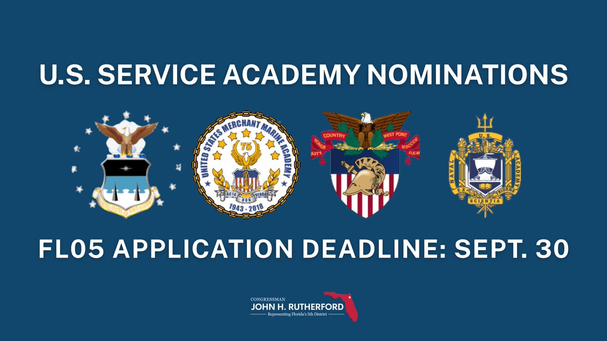 One of my greatest privileges as a member of Congress is nominating talented young men and women from Northeast Florida to attend America’s military service academies.

Calling high school students in Florida's Fifth District interested in serving our country to apply now! 🇺🇸