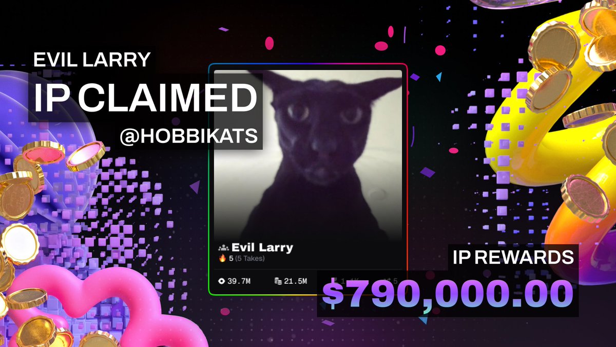 evil larry’s ip has officially been claimed on ip.world!

millions of views, global community - now onchain

ip owner @hobbikats gets a 3% allocation and lp fees from every token using the evil larry $ip

the era of ip coins is just getting started