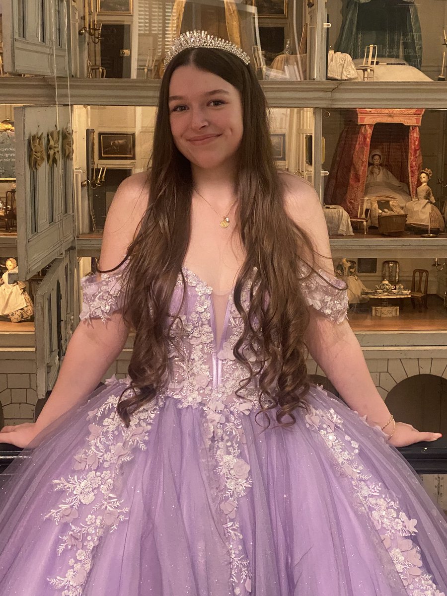 Today we had a visit from a beautiful princess whose prom was cancelled. She wore her gown &amp; put on her tiara to have her photo taken at sights in Rochester by her lovely friends. Pictured in front of the #Lethieullier dolls house which is truly fit for a princess.