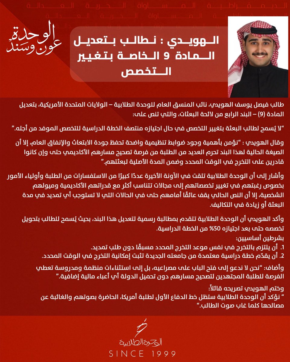 الهويدي : نطالب بتعديل المادة 9 الخاصة بتغيير التخصص . 

#alwihda25