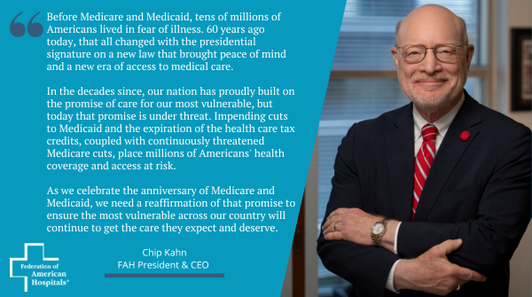 60 years ago today, Medicare and Medicaid brought peace of mind &amp; a new era of access to medical care to millions. Today, we must reaffirm our promise to care for the most vulnerable so Americans continue to get the care they expect &amp; deserve. 
fah.org/blog/fah-state…