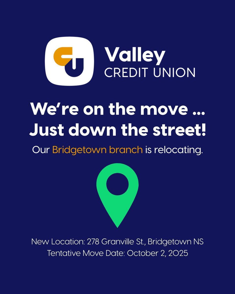 We are pleased to announce plans to relocate the Valley Credit Union Bridgetown Branch to a new, larger location. Read announcement: valleycreditunion.com/media 

🗓️ Tentative Move Date: October 2, 2025 (Grand Re-Opening on October 6th)
📍 278 Granville St., Bridgetown NS B0S 1C0
