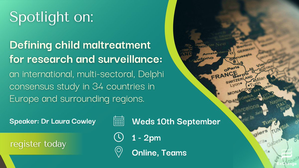 @ExChangeWales (@exchangewales) on Twitter photo 💡 SPOTLIGHT Webinar:
'Defining child maltreatment for research and surveillance'
Speaker: Dr <a href="/LauraCowley28/">Laura Cowley</a>
📅 Weds 10th September
⏰ 1 - 2pm
📍 Online, Teams
Sign up: events.teams.microsoft.com/event/400fc9bb…
#SocialCare #SocialCareResearch #WelshResearch 💡 SPOTLIGHT Webinar:
'Defining child maltreatment for research and surveillance'
Speaker: Dr <a href="/LauraCowley28/">Laura Cowley</a>
📅 Weds 10th September
⏰ 1 - 2pm
📍 Online, Teams
Sign up: events.teams.microsoft.com/event/400fc9bb…
#SocialCare #SocialCareResearch #WelshResearch