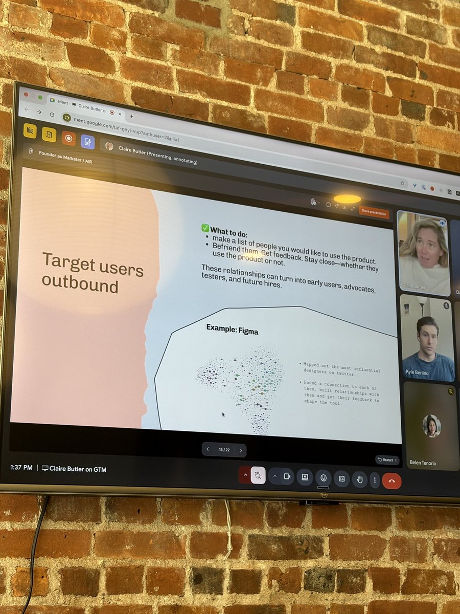 Heard <a href="/clairetbutler/">Claire Butler</a> speak at <a href="/AIResidency/">AIR</a> for the 2nd time, and it was somehow even better than the first.

Still thinking about the ICP heat map Figma used in the early days to visualize early adopters, their influence, and how they were all connected.