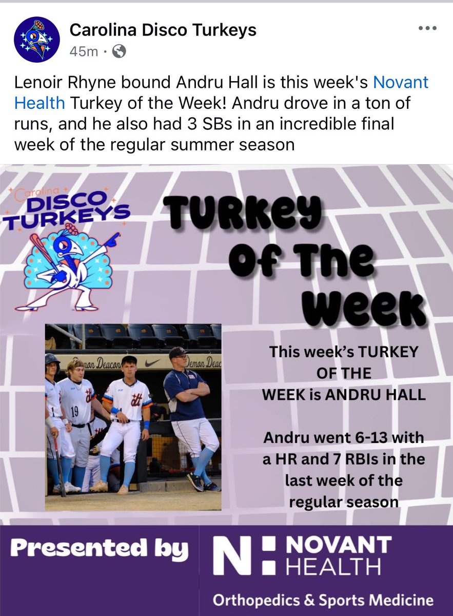 Congrats to <a href="/hall_andru/">Andru Hall</a> for being named  <a href="/discoturkeys/">Carolina Disco Turkeys</a> “Turkey of the Week”! 
<a href="/Baseball_LR/">LR BEARS BASEBALL</a> <a href="/CoachSkoneck/">Adam Skonieczki</a> <a href="/Athletes_Lab/">Athletes Lab</a>