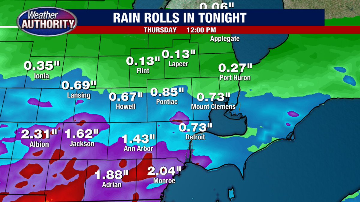 Projected rainfall between 6PM Wednesday and 10am Thursday.  Flooding cloud be a concern for areas farther south.