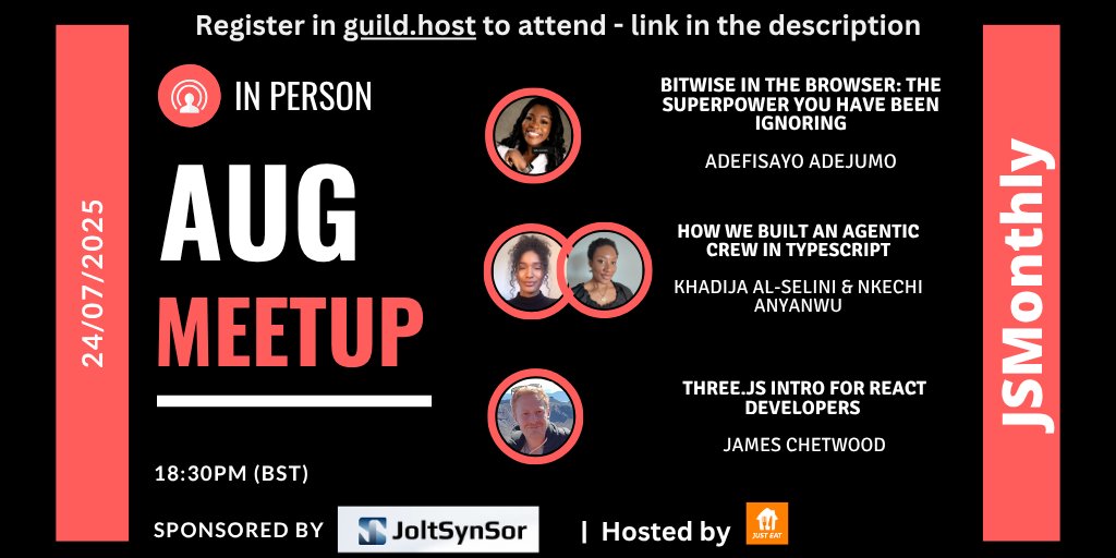 JS Monthly London & Online (@jsmonthlylondon) on Twitter photo We are leaving July announcing a meetup for #August with 4 speakers
Learn all about Bitwise in Browsers, TypeScript and Agentic Crew, and Three.js for #React Developers
Register now <a href="/guild__host/">Guild</a>
👉guild.host/events/jsmonth…
<a href="/deoluwafisayomi/">ayo1.shefi.eth</a>
<a href="/kechieanyanwu/">Nkechi</a>
<a href="/jchetters/">James Chetwood</a> We are leaving July announcing a meetup for #August with 4 speakers
Learn all about Bitwise in Browsers, TypeScript and Agentic Crew, and Three.js for #React Developers
Register now <a href="/guild__host/">Guild</a>
👉guild.host/events/jsmonth…
<a href="/deoluwafisayomi/">ayo1.shefi.eth</a>
<a href="/kechieanyanwu/">Nkechi</a>
<a href="/jchetters/">James Chetwood</a>