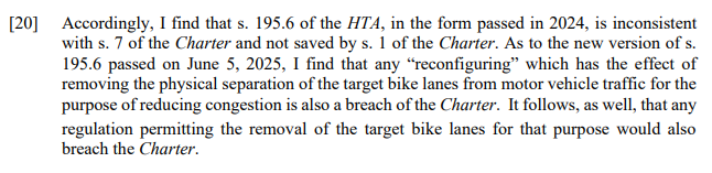 jm_mcgrath's tweet image. NEW: Looks like CycleToronto won in court. Justice Schabas finds Ontario's law (AND version 2) to remove bike lanes infringe S7 of the Charter and is not saved by S1, in large part because the govt had no evidence to back up its claims.