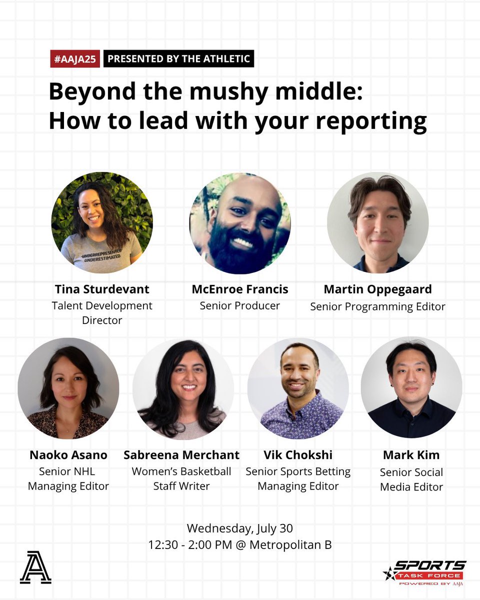 AAJA Sports (@aajasports) on Twitter photo Welcome to #AAJA25, yβall!π
TODAY 12:30p: From the <a href="/TheAthletic/">The Athletic</a> - not only will u learn how the newsroom approaches creating journalism that provides the βwhyβ behind the βwhat,β but therell also be break-offs 2smaller groups for more customized discussion & 2share your work! Welcome to #AAJA25, yβall!π
TODAY 12:30p: From the <a href="/TheAthletic/">The Athletic</a> - not only will u learn how the newsroom approaches creating journalism that provides the βwhyβ behind the βwhat,β but therell also be break-offs 2smaller groups for more customized discussion & 2share your work!