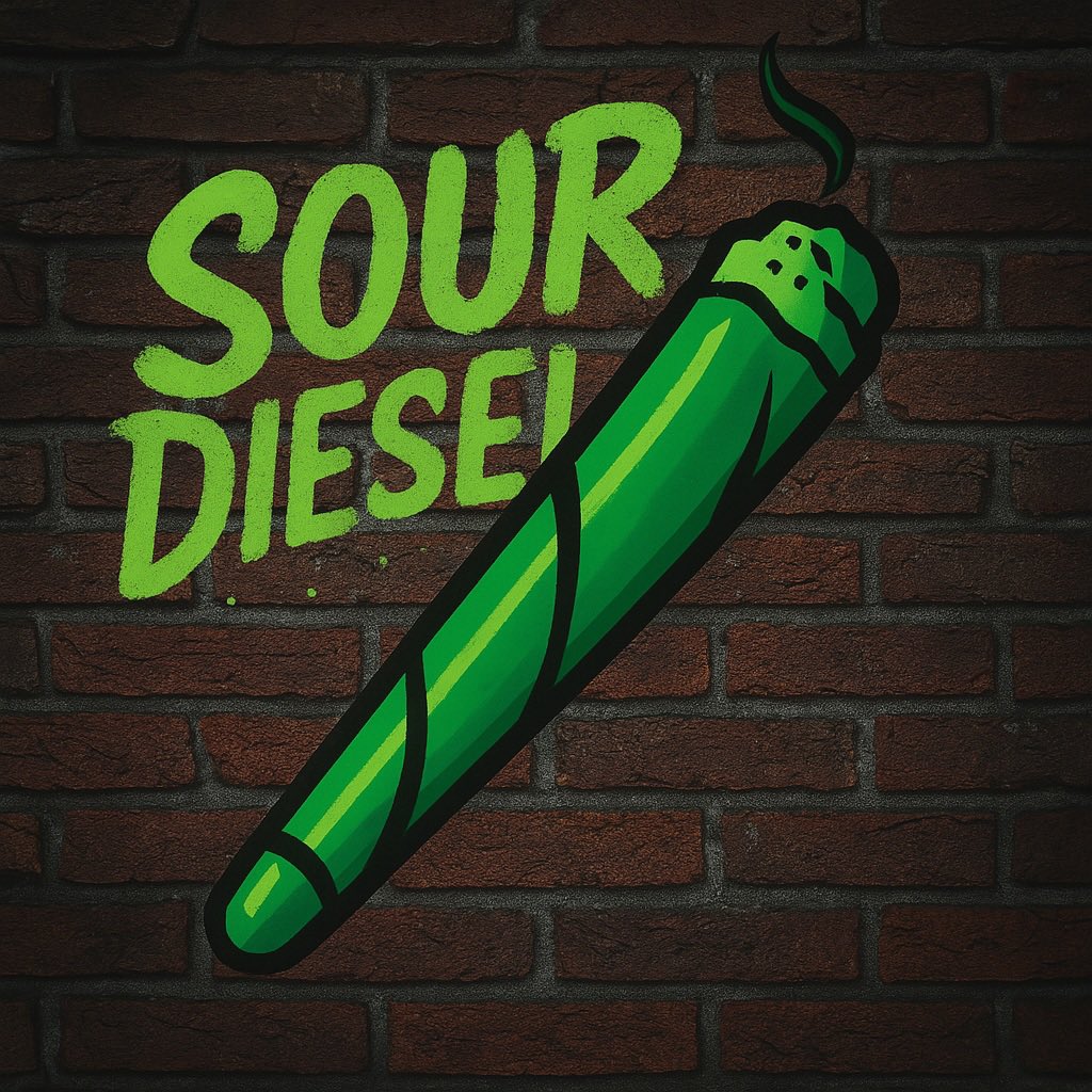 Sour Diesel NFT - A green joint with smoke against a brick wall background