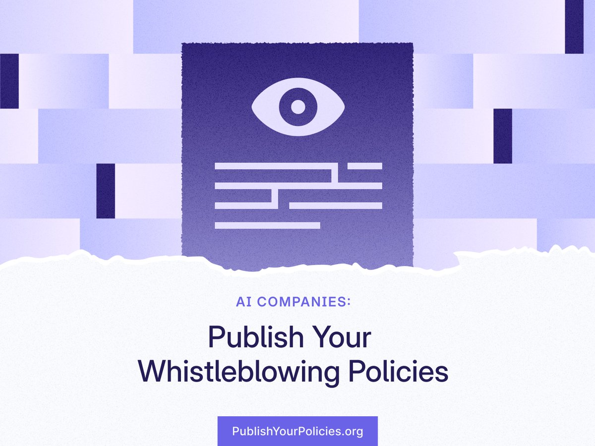 Call Launch: In just a few minutes at National Whistleblower Day on Capitol Hill, AIWI and its coalition—represented by Karl Koch in the AI panel—will launch a call with one clear ask:  
AI companies must publish their whistleblowing policies. 
PublishYourPolicies.org

A thread🔽