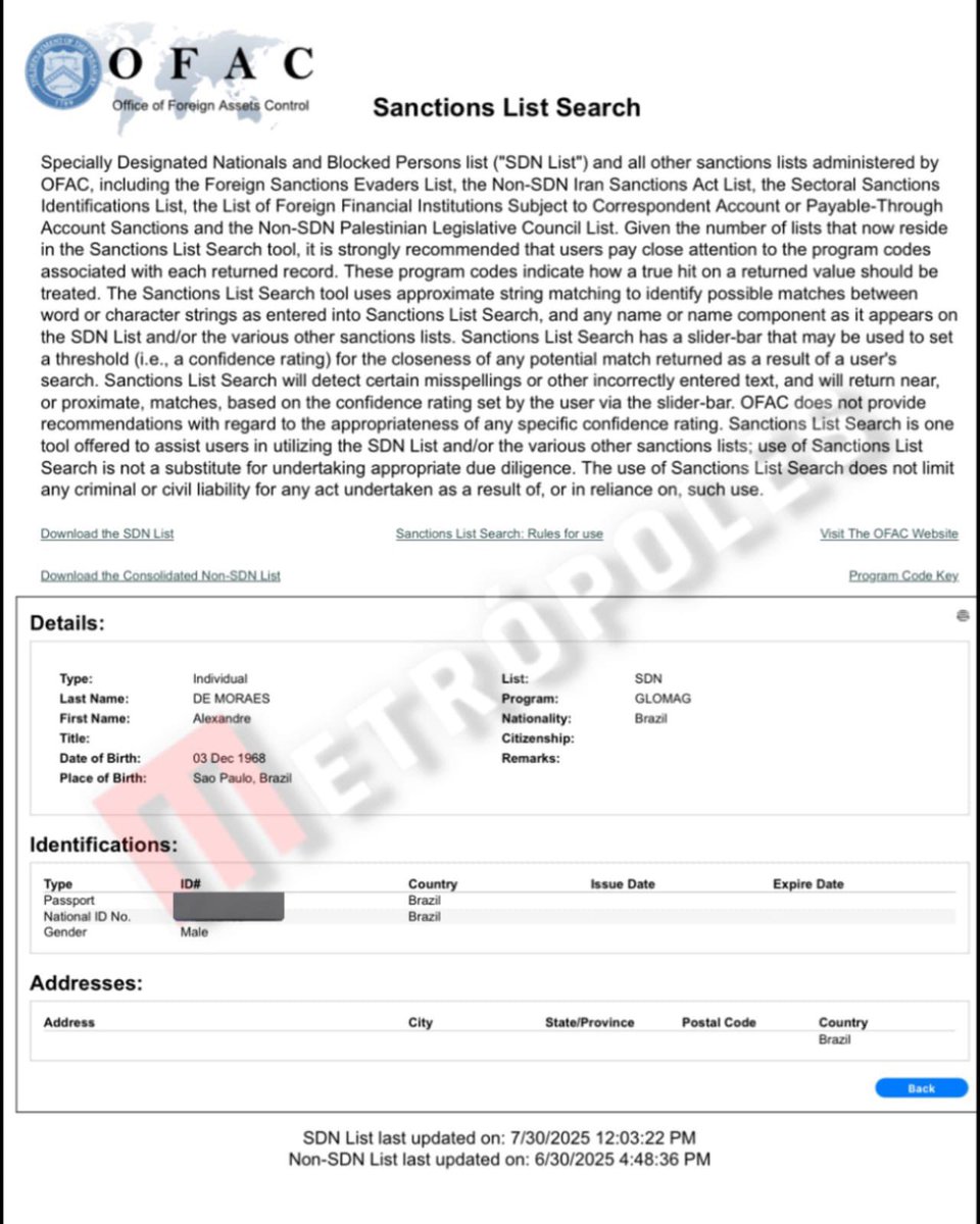URGENTE! 🚨
Alexandre de Moraes já aparece como SANCIONADO pela Lei MAGNITSKY na lista da OFAC, órgão que administra sanções dos EUA contra violadores de direitos humanos! GRANDE DIA! 👍🏻
