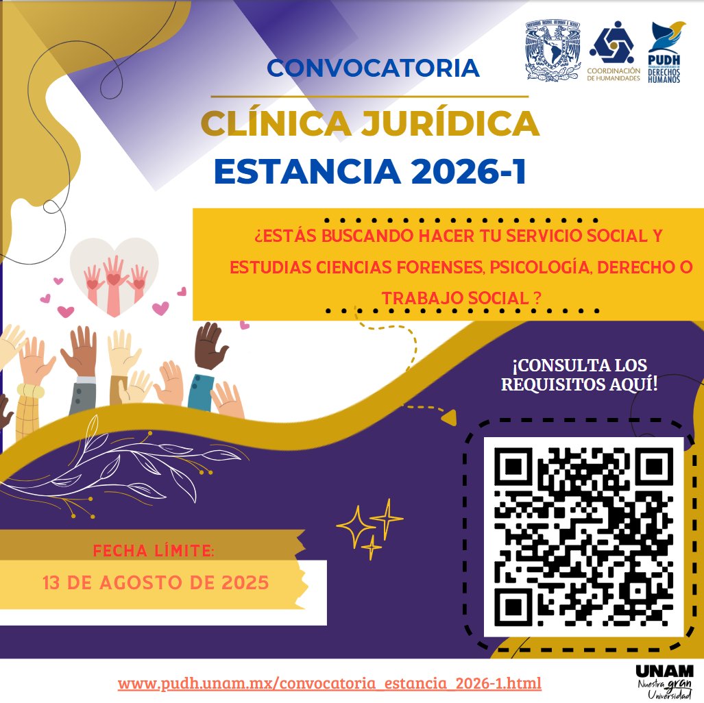 La Clínica PUDH-UNAM (@clinicapudh) on Twitter photo 💙¡Estudias ciencias forenses, trabajo social, psicología o derecho, realiza con nosotros el PUDH tu #ServicioSocial! 👣👥🧠⚖️
Más detalles en: pudh.unam.mx/convocatoria_e…✨
<a href="/DerechoUNAMmx/">Facultad de Derecho</a>,<a href="/FESAragonUNAM/">FES Aragón UNAM</a>,<a href="/FESI_UNAM/">FES Iztacala UNAM</a>,<a href="/FES_ACATLAN/">FES ACATLÁN - UNAM</a>,<a href="/LCF_UNAM/">ENaCiF UNAM</a>,<a href="/ENTSUNAMOficial/">Escuela Nacional de Trabajo Social ENTS UNAM</a>,<a href="/unam_psicologia/">Facultad de Psicología de la UNAM</a>,<a href="/PUDHUNAM/">PUDH UNAM</a> 💙¡Estudias ciencias forenses, trabajo social, psicología o derecho, realiza con nosotros el PUDH tu #ServicioSocial! 👣👥🧠⚖️
Más detalles en: pudh.unam.mx/convocatoria_e…✨
<a href="/DerechoUNAMmx/">Facultad de Derecho</a>,<a href="/FESAragonUNAM/">FES Aragón UNAM</a>,<a href="/FESI_UNAM/">FES Iztacala UNAM</a>,<a href="/FES_ACATLAN/">FES ACATLÁN - UNAM</a>,<a href="/LCF_UNAM/">ENaCiF UNAM</a>,<a href="/ENTSUNAMOficial/">Escuela Nacional de Trabajo Social ENTS UNAM</a>,<a href="/unam_psicologia/">Facultad de Psicología de la UNAM</a>,<a href="/PUDHUNAM/">PUDH UNAM</a>