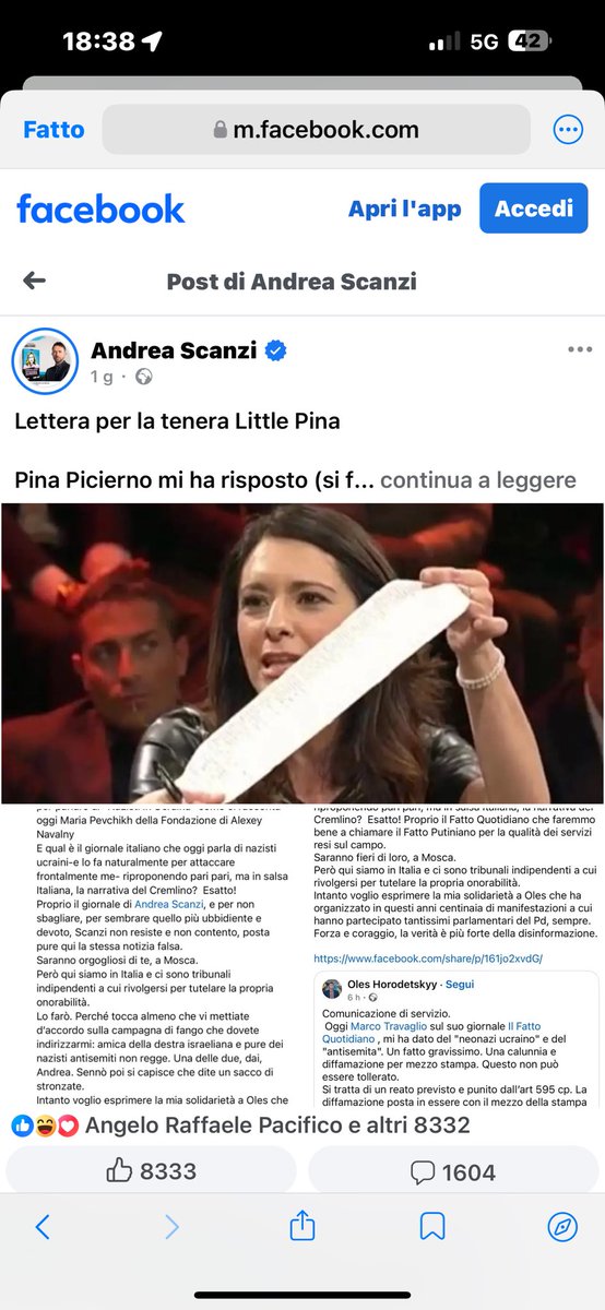 Un Capolavoro di Andrea Scanzi <a href="/AndreaScanzi/">Andrea Scanzi</a>
 Lettera per la tenera Little Pina
Pina Picierno mi ha risposto (si fa per dire) con questa sbroscia qua sotto (foto 2). In realtà non è neanche una risposta inedita, ma semplicemente il suo post noiosone di stamani su Facebook