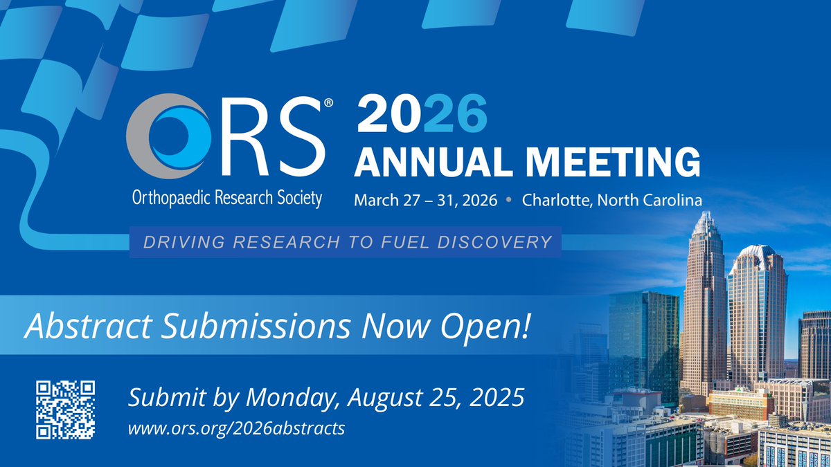 ORSsociety's tweet image. 🔬 Get Your Research Ready!
Abstract submissions are open for the #ORS2026 Annual Meeting, taking place March 27-31 in Charlotte, NC. Join attendees of all career levels and disciplines to connect and explore the latest innovations in #orthopaedics. ors.org/2026abstracts/