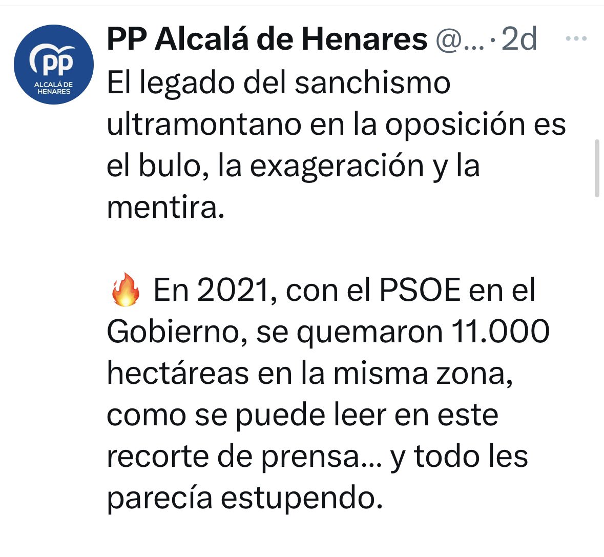 Javier R. Palacios (@javirpalacios) on Twitter photo Los pobres del <a href="/ppdealcala/">PP Alcalá de Henares</a> no saben que inventar:
Mienten y multiplican por 1000 VECES la superficie quemada en 2021 en una finca PRIVADA 😳
Todo para ocultar que el incendio en la Isla del Colegio es en propiedad MUNICIPAL que debería cuidarse por el Gobierno de <a href="/JudithPiquet/">Judith Piquet</a> Los pobres del <a href="/ppdealcala/">PP Alcalá de Henares</a> no saben que inventar:
Mienten y multiplican por 1000 VECES la superficie quemada en 2021 en una finca PRIVADA 😳
Todo para ocultar que el incendio en la Isla del Colegio es en propiedad MUNICIPAL que debería cuidarse por el Gobierno de <a href="/JudithPiquet/">Judith Piquet</a>