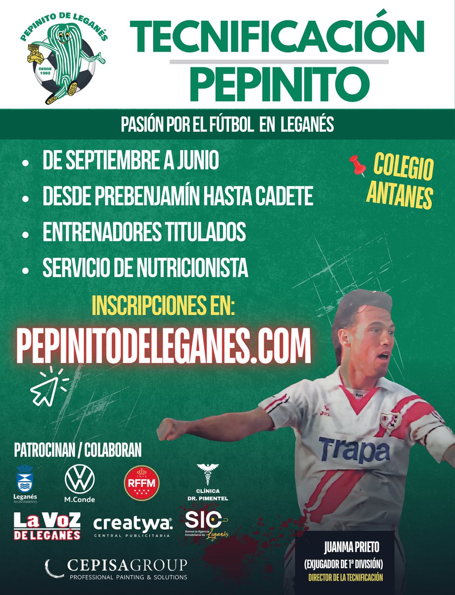 La Gaceta de Alcorcón (@gaceta_alcorcon) on Twitter photo 📢ADS
⚽✨ ¡Tecnificación de fútbol <a href="/PepinitoLeganes/">El Pepinito de Leganés</a> !
👟 Con exjugadores de Primera División y servicio de nutricionista para formar al jugador integral 🧠🥗
🎯 Un proyecto pensado para que los jóvenes futbolistas aprendan mientras disfrutan 😊
🔥 Inscripciones abiertas 📢ADS
⚽✨ ¡Tecnificación de fútbol <a href="/PepinitoLeganes/">El Pepinito de Leganés</a> !
👟 Con exjugadores de Primera División y servicio de nutricionista para formar al jugador integral 🧠🥗
🎯 Un proyecto pensado para que los jóvenes futbolistas aprendan mientras disfrutan 😊
🔥 Inscripciones abiertas