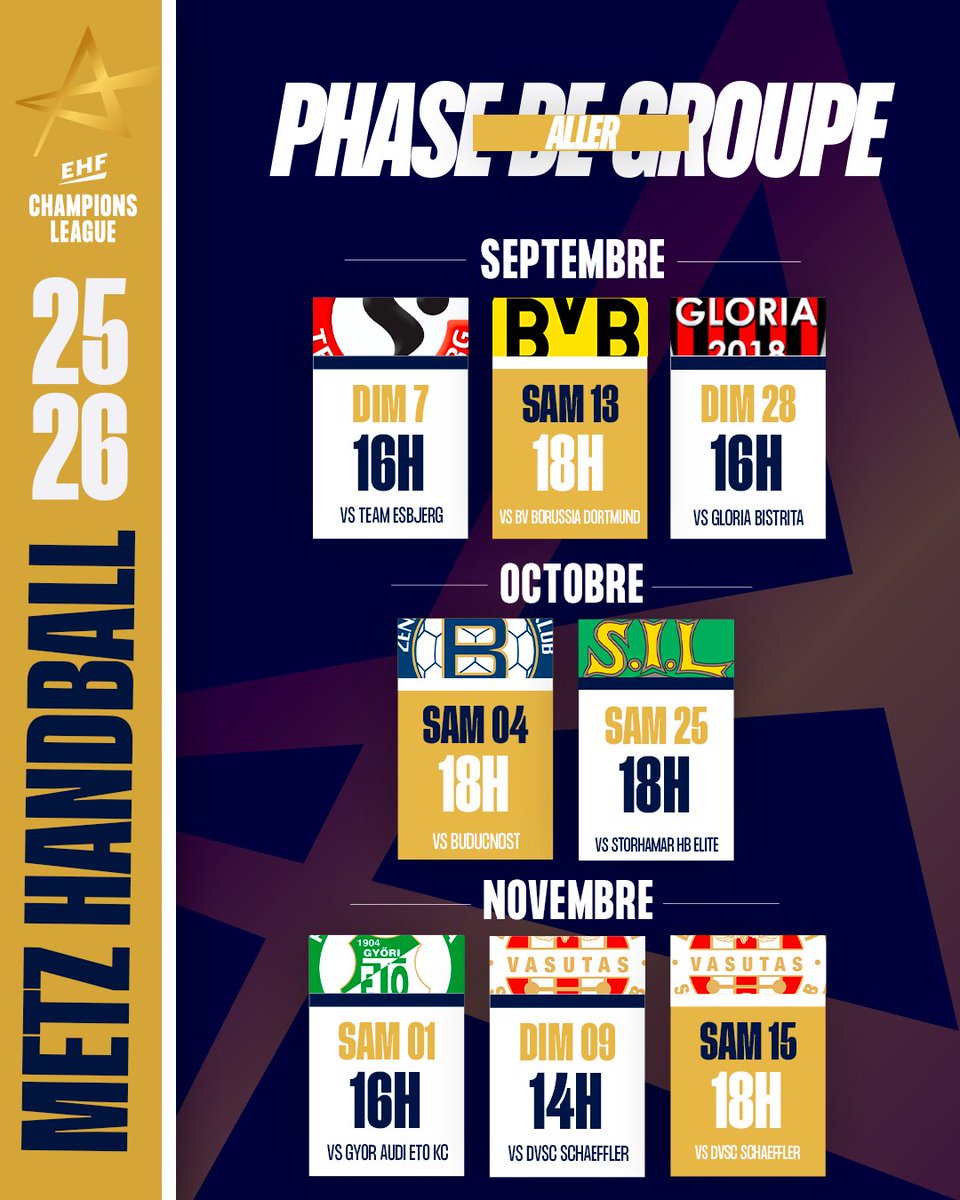 Metz Handball (@metzhandball) on Twitter photo L' <a href="/ehfcl/">EHF Champions League</a> a dévoilé son calendrier pour la phase de groupe 𝗮𝗹𝗹𝗲𝗿. 🌟
✈️ Après un premier voyage à Team Esbjerg 🇩🇰 pour démarrer la saison, les Messines enchaîneront aux Arènes pour la réception de HAC Handball avant de recevoir l'équipe allemande BVB Handball Damen 🇩🇪
🗓️ L' <a href="/ehfcl/">EHF Champions League</a> a dévoilé son calendrier pour la phase de groupe 𝗮𝗹𝗹𝗲𝗿. 🌟
✈️ Après un premier voyage à Team Esbjerg 🇩🇰 pour démarrer la saison, les Messines enchaîneront aux Arènes pour la réception de HAC Handball avant de recevoir l'équipe allemande BVB Handball Damen 🇩🇪
🗓️
