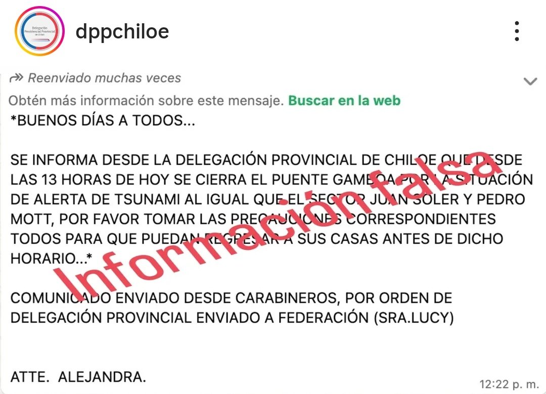 Información falsa: llamamos a la comunidad a informarse por las vías formales, esto no es real. 

Informarse por redes sociales de la comuna de Castro sobre lugares y cortes de vías.