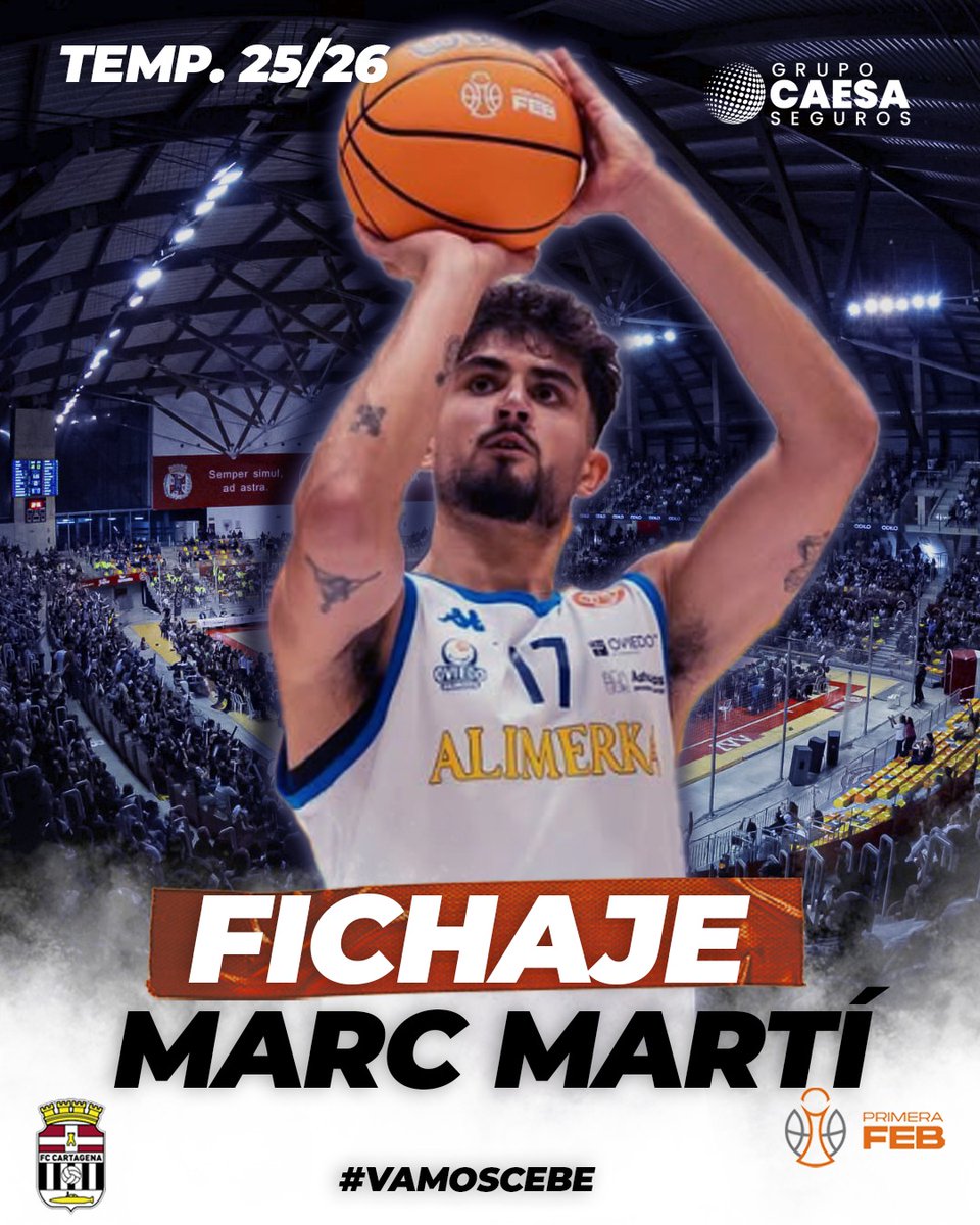 OFICIAL | FICHAJE!!
Marc Martí 

🇪🇦 Jugador con experiencia ACB y dilatada trayectoria en Primera Feb

🔥Juego al poste  y solidez para la pintura albinegra.

Tras cinco temporadas en Oviedo llega para ser importante en Cartagena!!
#bienvenidoMarc
#vamoscebe