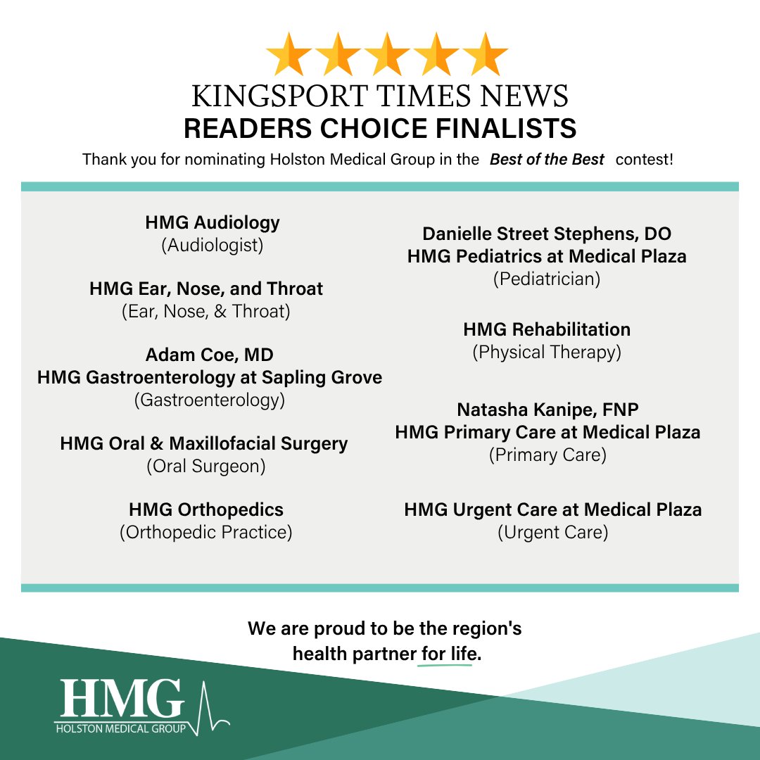HMGforYou's tweet image. 🎉 Thank you, Kingsport! 🎉

We’re honored and humbled to be named Kingsport Times News Readers’ Choice Best of the Best in 8 categories with numerous Finalists across the board!

#BestOfTheBest #HealthPartner4Life #CommunityofCare