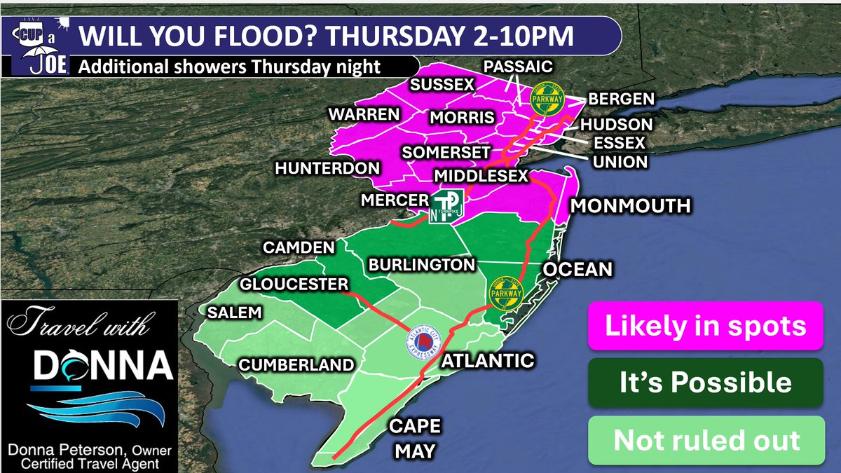 THURSDAY RAIN UPDATE

⚠ Pink: 3"+ rain, road/river flooding likely in spots. 
🌧Storms may repeat, causing floods. All areas get heavy rain 6-10PM.
🌪Waterspouts, tornado possible. Flooding main concern.

Shore local, global adventures. Use Travel with Donna. Text 609-287-2870