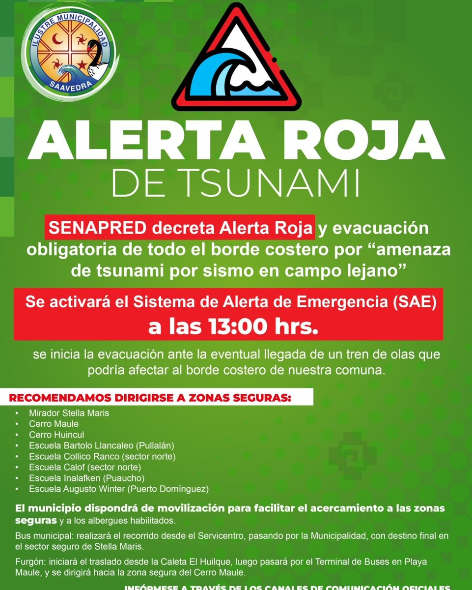 Alejandro Alegria 🌴 (@alegriagonzaa) on Twitter photo 13:00 | 🚨🇨🇱ALERTA DE TSUNAMI
Activación de ALERTA SAE en la comuna de #Saavedra
<a href="/RedGeoChile/">Red Geocientífica de Chile</a> <a href="/reddeemergencia/">Red de Emergencia ONG</a> <a href="/Sepulinares/">Alejandro Sepúlveda Jara</a> <a href="/Carlos_tmk/">Carlos González Baeza.</a> <a href="/RNE_Alpha_8/">Carlos Coray</a> <a href="/Seba_Sismos_CL/">Seba Sismos CL</a> <a href="/GrupoWurtlitzer/">Grupo Wurtlitzer</a> 13:00 | 🚨🇨🇱ALERTA DE TSUNAMI
Activación de ALERTA SAE en la comuna de #Saavedra
<a href="/RedGeoChile/">Red Geocientífica de Chile</a> <a href="/reddeemergencia/">Red de Emergencia ONG</a> <a href="/Sepulinares/">Alejandro Sepúlveda Jara</a> <a href="/Carlos_tmk/">Carlos González Baeza.</a> <a href="/RNE_Alpha_8/">Carlos Coray</a> <a href="/Seba_Sismos_CL/">Seba Sismos CL</a> <a href="/GrupoWurtlitzer/">Grupo Wurtlitzer</a>