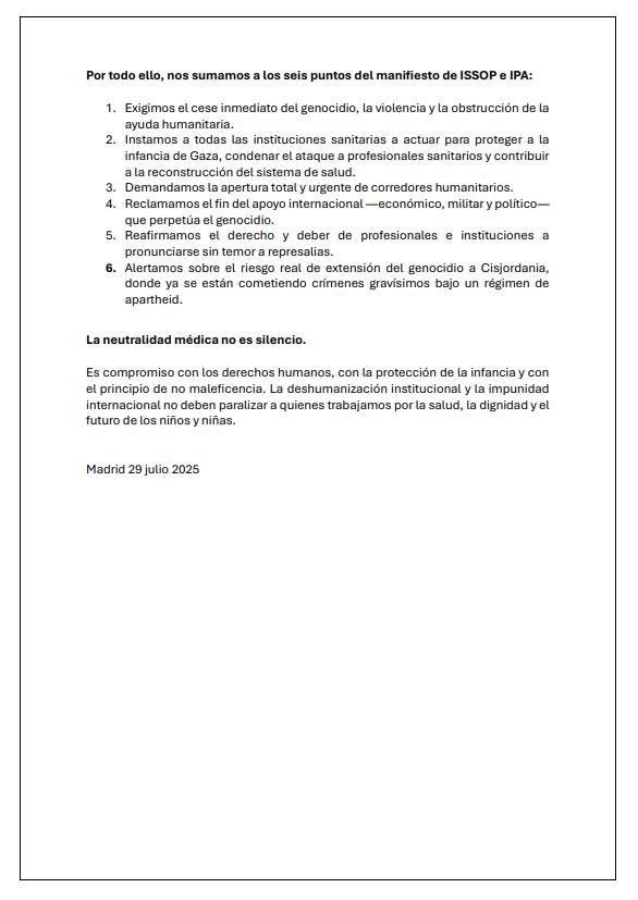 🕊️Apoyamos la declaración conjunta de ISSOP e IPA que exige una respuesta urgente de la comunidad internacional ante la crisis humanitaria en Gaza. La neutralidad médica no es silenciosa, es compromiso con los derechos humanos. #HumanitarianAid #Gaza