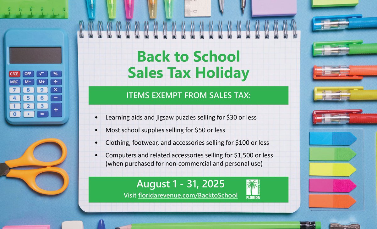 Time to buy those school supplies! The new school year is starting soon and the Florida Back-to-School sales tax holiday runs from Friday, August 1st, to August 31st. To see which items qualify for this sales tax holiday, please visit  floridarevenue.com/backtoschool/P…
#backtoschool
