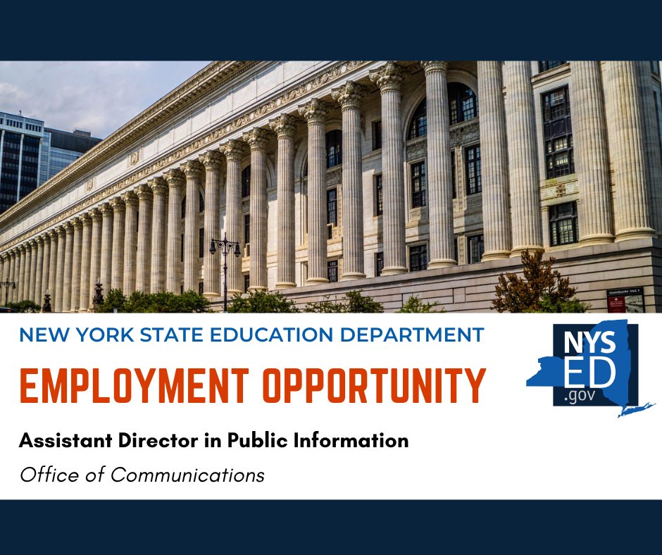 We’re Hiring!

NYSED is seeking an Assistant Director of Public Information in our Office of Communications.

Apply now: bit.ly/4lWE7Q2

#CommunicationsJobs #AlbanyJobs #NowHiring