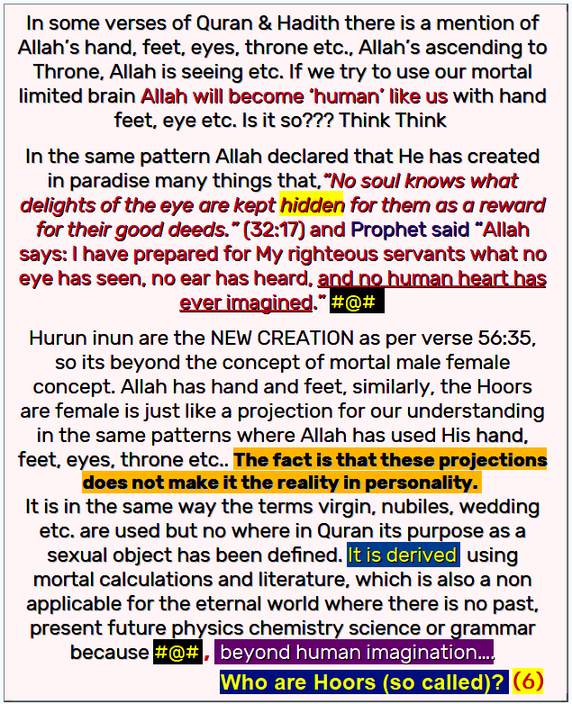 Hurun inun are the NEW CREATION as per verse 56:35 &amp; its beyond the concept of mortal male female concept. Allah has hand &amp; feet. So is the projection of Hoors, like females but it's beyond our imagination even in the same patterns where Allah has used His hand, feet etc. In fact