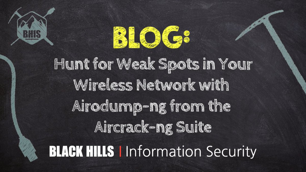 Black Hills Information Security (@bhinfosecurity) on Twitter photo **NEW** BHIS | Blog
Are there any wireless devices on your network that you don't know about?
Hunt for Weak Spots in Your Wireless Network with Airodump-ng from the Aircrack-ng Suite
by: <a href="/SeanVerity/">Sean Verity</a>
Learn more: blackhillsinfosec.com/hunt-for-weak-… **NEW** BHIS | Blog
Are there any wireless devices on your network that you don't know about?
Hunt for Weak Spots in Your Wireless Network with Airodump-ng from the Aircrack-ng Suite
by: <a href="/SeanVerity/">Sean Verity</a>
Learn more: blackhillsinfosec.com/hunt-for-weak-…