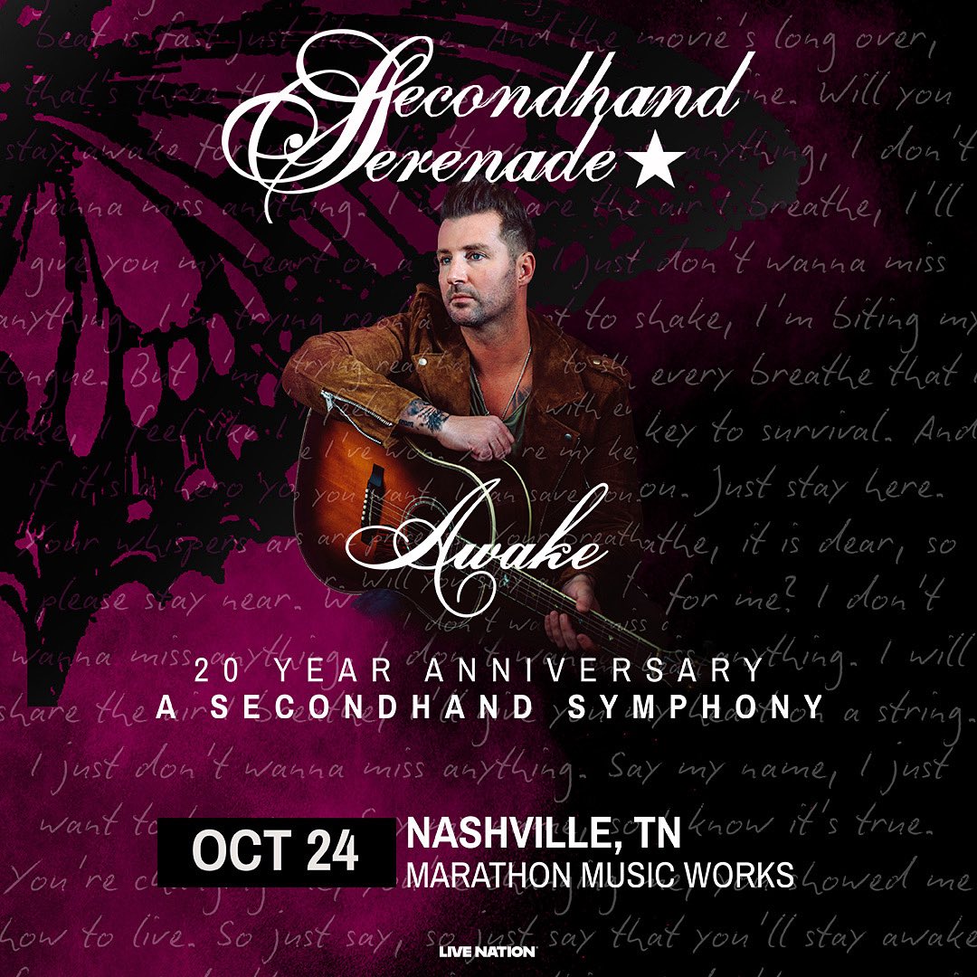 Secondhand Serenade (@secondhandjohn) on Twitter photo Somehow it’s been 20 years since Awake. 🖤 Kicking off A Secondhand Symphony in Nashville, the ONLY U.S. show, Oct 24 at Marathon Music Works. This time, we’re crying… with cellos. 🎻
🎟 Tickets on sale Friday!
<a href="/LiveNation/">Live Nation</a> Somehow it’s been 20 years since Awake. 🖤 Kicking off A Secondhand Symphony in Nashville, the ONLY U.S. show, Oct 24 at Marathon Music Works. This time, we’re crying… with cellos. 🎻
🎟 Tickets on sale Friday!
<a href="/LiveNation/">Live Nation</a>