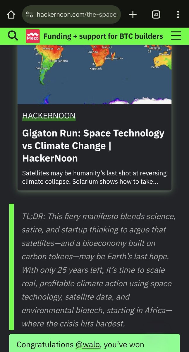 àdùfẹ́.🪲 (@walounderscore) on Twitter photo I won. Thanks <a href="/hackernoon/">HackerNoon | Learn Any Technology</a> team!
My win is a win for my mission, our network and the shared joy of facing this threat successfully in the coming 25 years.
Climate action is profitable. Tap in! 🛰️ I won. Thanks <a href="/hackernoon/">HackerNoon | Learn Any Technology</a> team!
My win is a win for my mission, our network and the shared joy of facing this threat successfully in the coming 25 years.
Climate action is profitable. Tap in! 🛰️