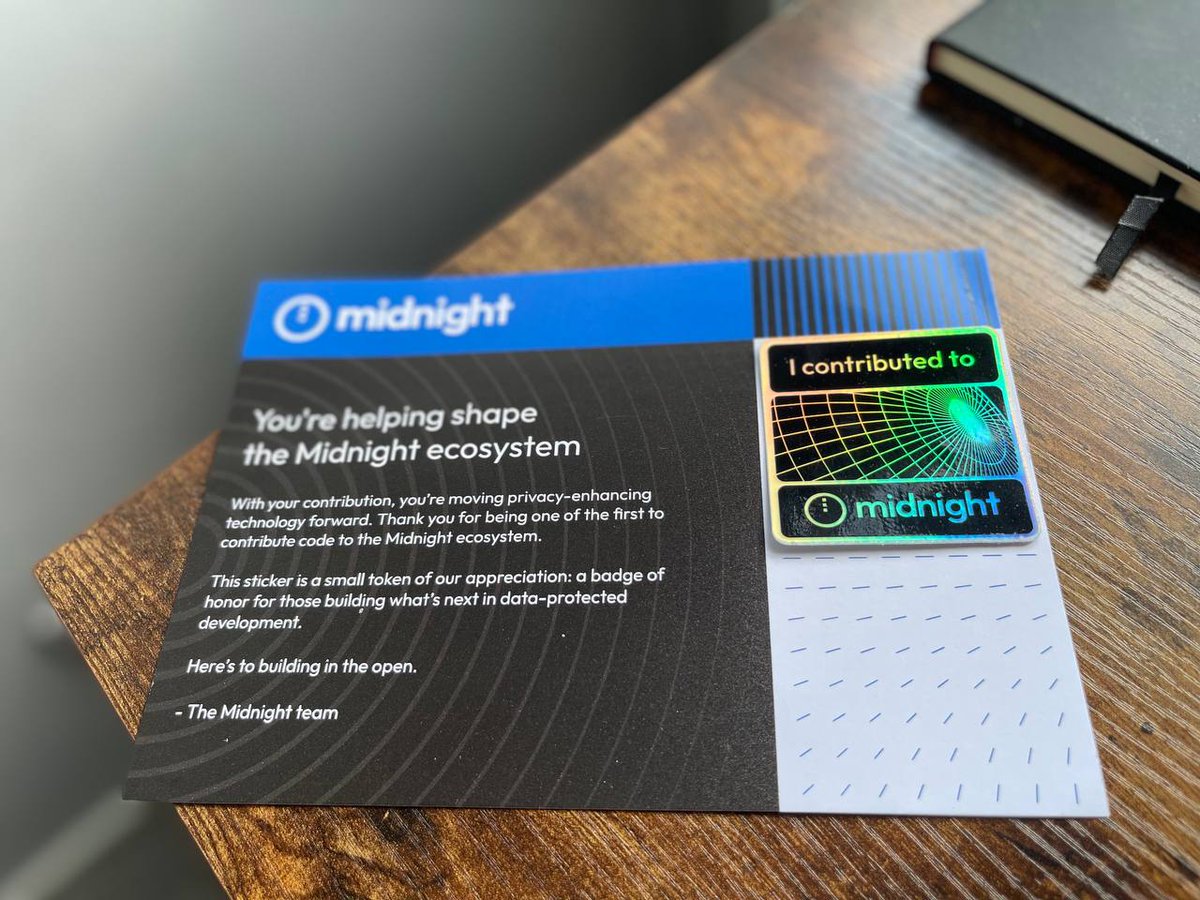 shoutout to <a href="/MidnightNtwrk/">Midnight</a> for this banger
not just a sticker, it’s proof you did more than lurk and farm
better than any airdrop
code shipped
infra touched
privacy pushed

alright then… let’s build some more. #WENMidnight